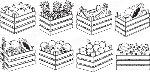 A collection of wooden crates filled with various fruits and vegetables. Vector