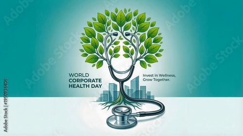 Creative concept for world corporate health day featuring a medical stethoscope transforming into a vibrant green tree symbolizing employee wellness and healthy corporate lifestyle.

