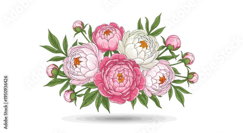 Vector bouquet of pink and white peonies flowers