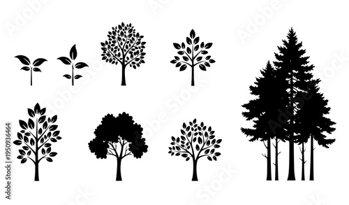 Eco Tree Silhouettes Growth and Sustainability Nature Vector Set