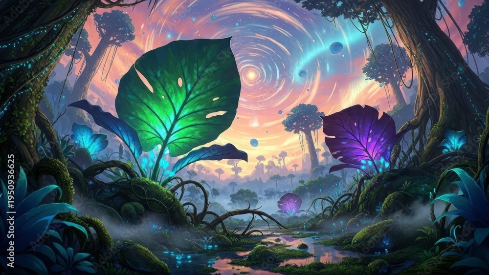 Fototapeta premium Enchanted Forest Fantasy: A surreal landscape unfolds, featuring vibrant, otherworldly plants and swirling cosmic elements, inviting viewers into a realm of magic and wonder.