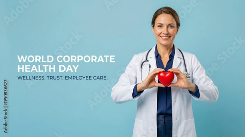 Female doctor holding a bright red heart to celebrate world corporate health day, promoting employee wellness, healthy lifestyle, and corporate medical care programs.
