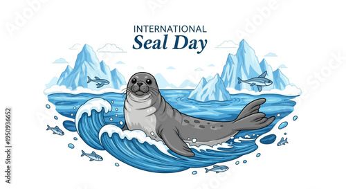 Vector illustration of a seal swimming in icy waters on International Seal Day with a conservation awareness theme.