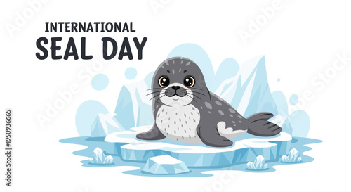 Illustration of a seal on ice for International Seal Day with a conservation awareness theme and marine mammal protection in a vector design.