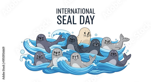 Illustration of seals in a natural aquatic habitat for International Seal Day, promoting marine mammal conservation and awareness with a playful design.