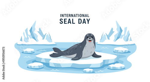 A cartoon seal sits on a melting ice floe surrounded by icy waters and glaciers on International Seal Day, promoting seal conservation awareness with a flat design and cool tones.