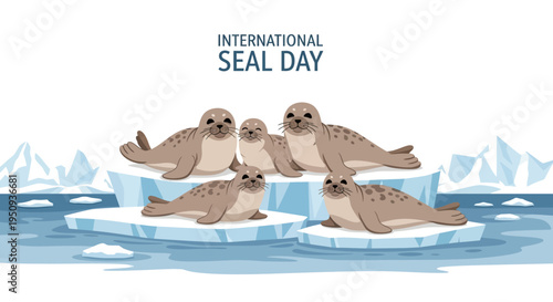 Illustration of seals on icebergs in the ocean, celebrating International Seal Day with a design promoting seal conservation awareness and marine mammal protection.