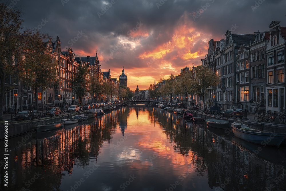 Fototapeta premium Amsterdam canal sunset with boats and reflections, historic buildings lining waterway under dramatic cloudy sky, creating peaceful and warm atmosphere