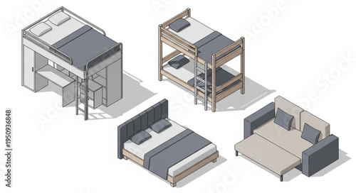 Collection of modern bedroom furniture isometric illustrations.