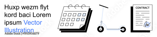 Scheduling, transportation services, agreements, deadlines, mobility ideas, corporate planning. Set of icons showing a calendar, a scooter and a contract. Scheduling and transportation services