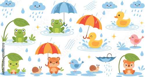 Cute Animals Playing in Rain Cartoon Set with Frogs Ducks Bear Snail Umbrellas Puddles and Rainy Weather Elements Vector Illustration