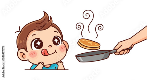 Cartoon boy looking at pancake being served.