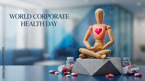 Conceptual wooden mannequin with glowing red heart sitting among medical pills representing world corporate health day and employee wellness
