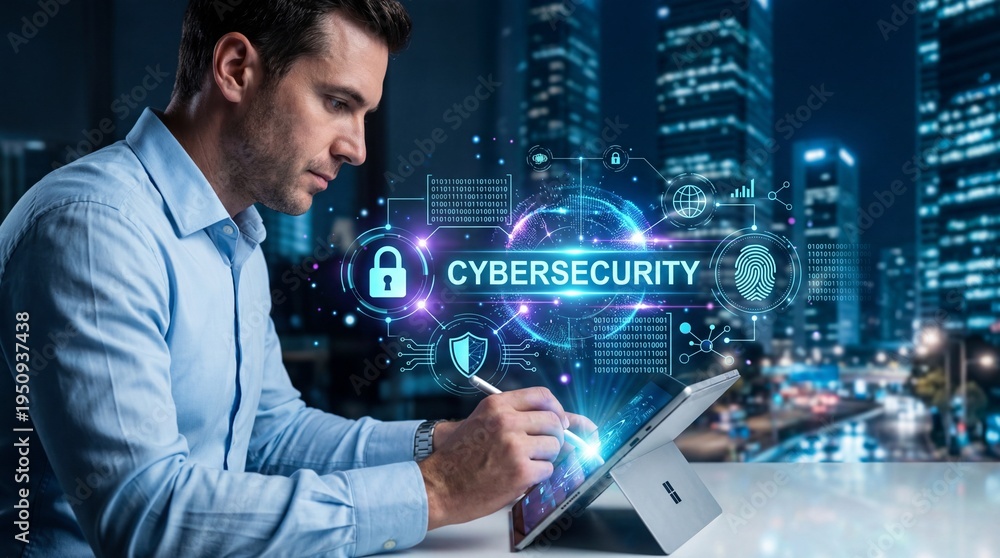 Obraz premium Cybersecurity innovations in business urban environment digital content nighttime viewpoint technology concepts for enhanced security