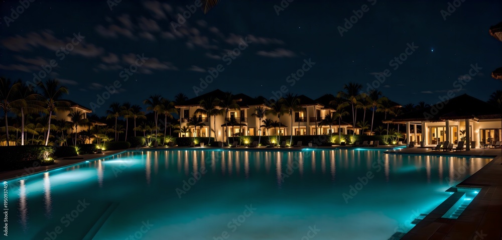 Fototapeta premium Ultra-high definition photorealistic architectural photography of a luxury tropical resort hotel at night, glowing swimming pool.