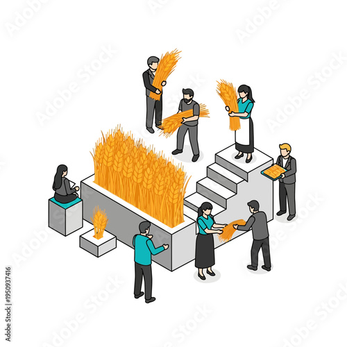 People working with wheat grains.