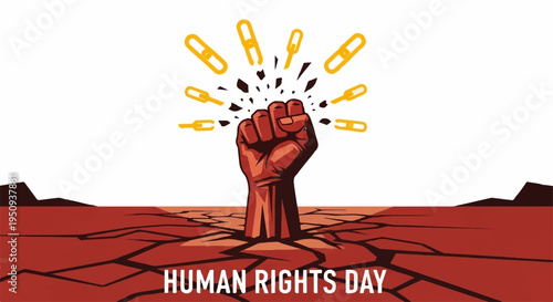 Fist raised in solidarity on cracked earth with lightbulbs symbolizing human rights and freedom on human rights day
