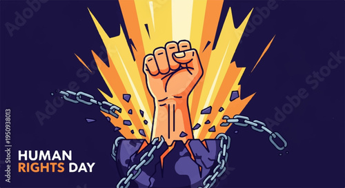 Human rights day illustration with breaking chains and clenched fist on dark background symbolizing freedom and empowerment