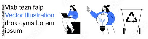 Sustainability, innovation, creative thinking, eco-friendly habits, work-life balance, recycling ideas. A person working on a laptop, another holding a light bulb and a recycling bin. Sustainability