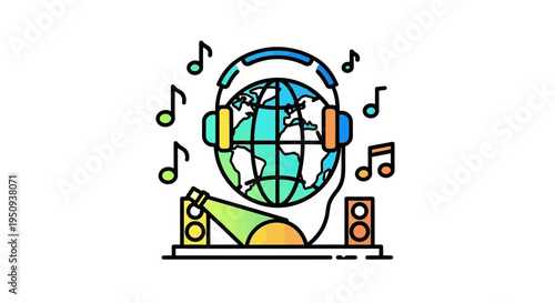 Headphones on a globe with music.