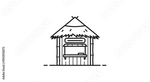 Simple Line Art Icon of a Tropical Hut with Thatched Roof