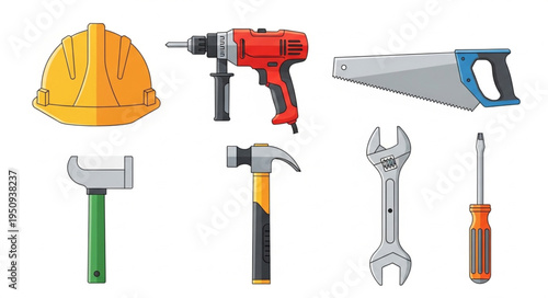 Collection of Construction Tools and Safety Gear.