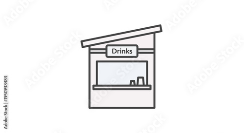 Simple illustration of a drinks kiosk with a slanted roof and 'Drinks' sign.