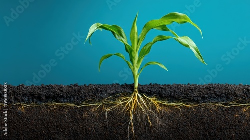 Young corn seedling growing from soil with visible root system