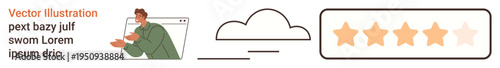 Customer satisfaction, service reviews, online ratings, cloud data storage, website feedback, evaluation systems. A browser window with a person, cloud icon and 4-star rating. Customer satisfaction