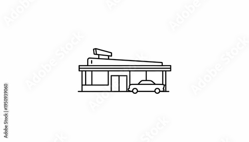Retro Gas Station Icon with Car, Vintage Service Station Line Art