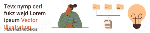 Creativity, data organization, brainstorming, digital content management, information flow, education. Woman pondering with icons of file organization and a light bulb. Creativity and data