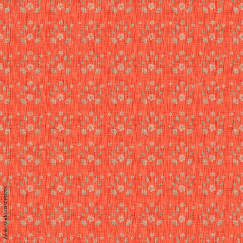 Minimal Folk Floral Seamless Pattern with Small Botanical Flowers and Leaves on Red Textured Fabric Background for Textile Design, Wallpaper, Wrapping Paper and Decorative Surface Print