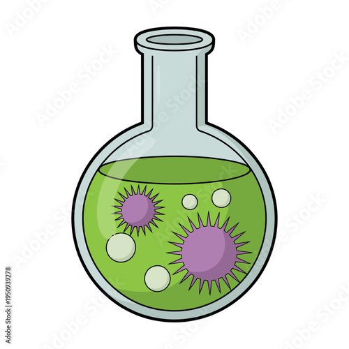 Vector of a glass flask with green liquid and microorganisms