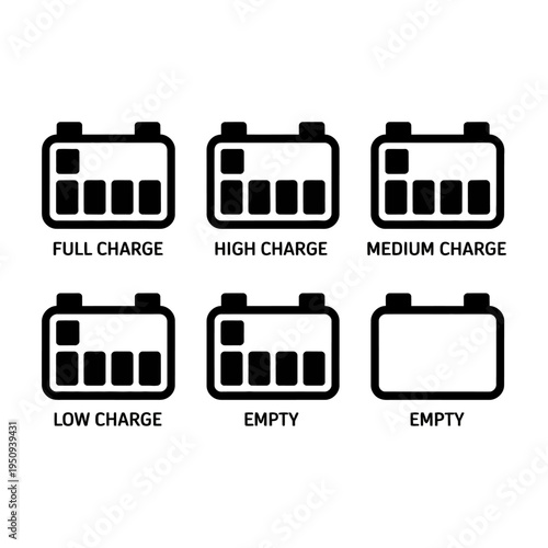 Vector graphic showing various battery charge levels in a diagram