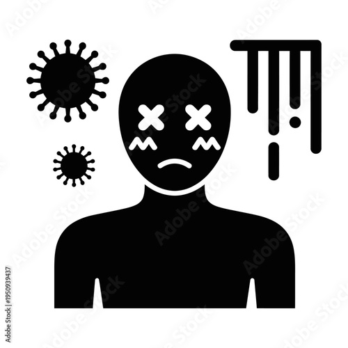 Vector of a person with fever and virus cells nearby