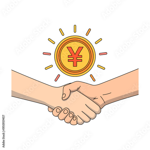 Vector of a handshake with a gold yen coin above it