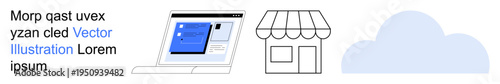 E-commerce, cloud computing, online business, digital transactions, small business, remote technologies. Laptop showing digital interface, storefront and cloud shape. E-commerce and cloud computing