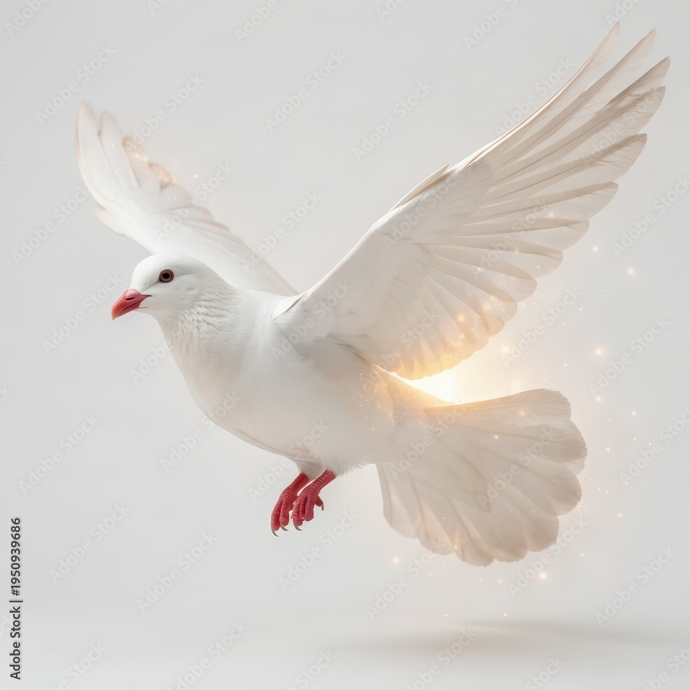 Fototapeta premium White Dove in Flight with Wings Spread Wide and Glowing Light Effect on a Soft White Background