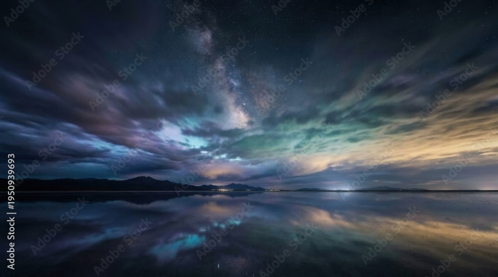 Obraz premium Milky Way galaxy reflecting over calm water with mountain under night sky