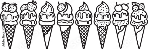 Assorted ice cream cones with various toppings and fruits in a line Vector