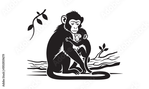Monkey Vector silhouette illustration design, Baby monkey clinging to mother, Monkey carrying food, Monkey chasing pose, Monkey climbing quickly, Monkey climbing tree, Monkey dropping banana peel,