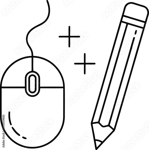 A computer mouse and pencil with plus signs