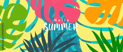 Tropical Summer Poster with Green, Pink, Orange, and Dark Blue Leaves on Yellow Background and Bold Seasonal Text for Lifestyle and Promotional Campaigns