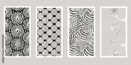Four abstract black and white patterned rectangular panels displayed together
