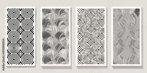 Four rectangular panels displaying diverse monochrome abstract geometric patterns