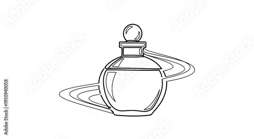 Perfume bottle with swirling aroma lines, minimalist line art illustration