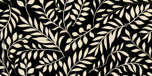 Elegant botanical pattern featuring delicate cream colored leaves on black