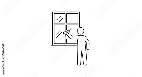 Person cleaning window with cloth, hygiene and cleanliness concept, simple line art icon