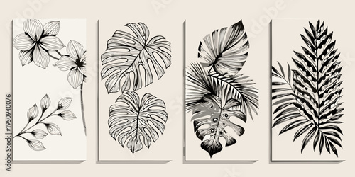 Botanical wall art featuring four panels of tropical leaf illustrations