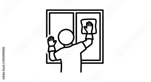 Person cleaning window with cloth, hygiene and home care concept, line art icon